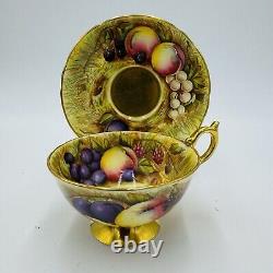 Aynsley Tea Cup & Saucer Orchard Fruit Signed N. Brunt Gold Trim Porcelain