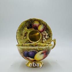 Aynsley Tea Cup & Saucer Orchard Fruit Signed N. Brunt Gold Trim Porcelain