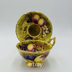 Aynsley Tea Cup & Saucer Orchard Fruit Signed N. Brunt Gold Trim Porcelain