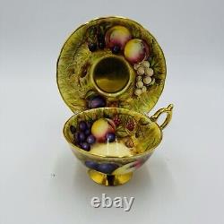 Aynsley Tea Cup & Saucer Orchard Fruit Signed N. Brunt Gold Trim Porcelain