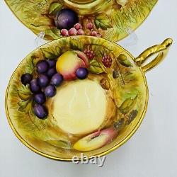 Aynsley Tea Cup & Saucer Orchard Fruit Signed N. Brunt Gold Trim Porcelain