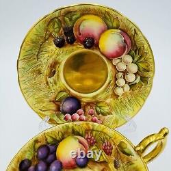 Aynsley Tea Cup & Saucer Orchard Fruit Signed N. Brunt Gold Trim Porcelain