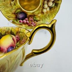 Aynsley Tea Cup & Saucer Orchard Fruit Signed N. Brunt Gold Trim Porcelain