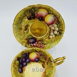 Aynsley Tea Cup & Saucer Orchard Fruit Signed N. Brunt Gold Trim Porcelain