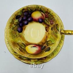 Aynsley Tea Cup & Saucer Orchard Fruit Signed N. Brunt Gold Trim Porcelain