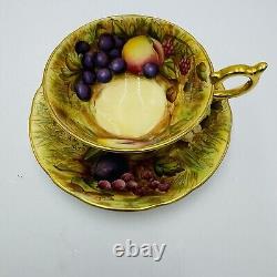 Aynsley Tea Cup & Saucer Orchard Fruit Signed N. Brunt Gold Trim Porcelain