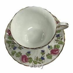 Aynsley Tea Cup & Saucer Pink Cabbage Roses Blue Trumpet Flowers Gold Trim