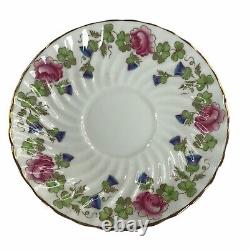 Aynsley Tea Cup & Saucer Pink Cabbage Roses Blue Trumpet Flowers Gold Trim