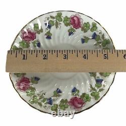 Aynsley Tea Cup & Saucer Pink Cabbage Roses Blue Trumpet Flowers Gold Trim