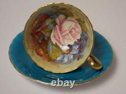 Aynsley Tea Cup & Saucer Vintage Turqouise Pink Cabbage Rose Signed JA Bailey