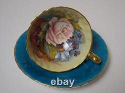 Aynsley Tea Cup & Saucer Vintage Turqouise Pink Cabbage Rose Signed JA Bailey
