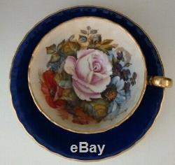 Aynsley Teacup & Saucer #1033 Cobalt Blue Rose Floral Center Ja Bailey Signed