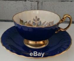 Aynsley Teacup & Saucer #1033 Cobalt Blue Rose Floral Center Ja Bailey Signed