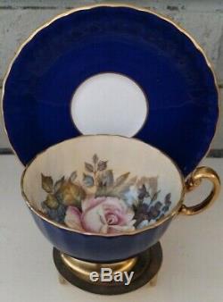 Aynsley Teacup & Saucer #1033 Cobalt Blue Rose Floral Center Ja Bailey Signed