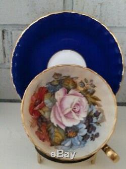 Aynsley Teacup & Saucer #1033 Cobalt Blue Rose Floral Center Ja Bailey Signed