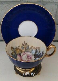 Aynsley Teacup & Saucer #1033 Cobalt Blue Rose Floral Center Ja Bailey Signed