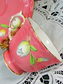 Aynsley White Dogwood Pink Embossed Floral Tea Cup And Saucer