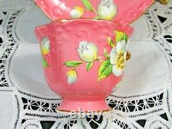 Aynsley White Dogwood Pink Embossed Floral Tea Cup And Saucer