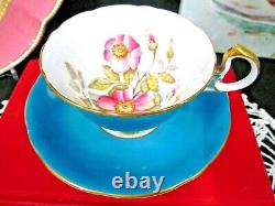 Aynsley tea cup and saucer painted pink rose signed Bailey teacup in blue 1920s