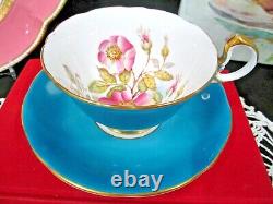 Aynsley tea cup and saucer painted pink rose signed Bailey teacup in blue 1920s