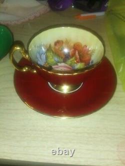 Aynsley teacup saucer j a bailey signed. Gold trim. Red Large floral