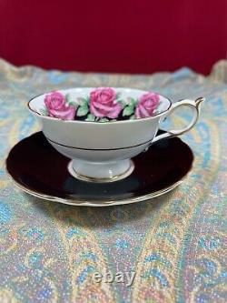 Beautiful Black Paragon Teacup & Saucer Large Red Cabbage Roses