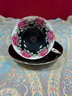 Beautiful Black Paragon Teacup & Saucer Large Red Cabbage Roses