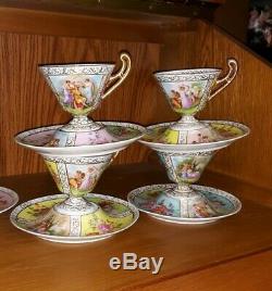 Beautiful Vintage Austrian Hand-painted Tea Cups & Saucers Set 4 Austria Unique