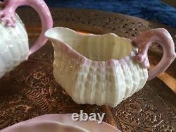 Belleek China Rare Pink Coral Shell tea for two teapot 2x cups saucer and jug
