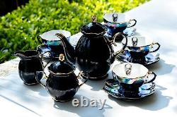 Black Gold Teapot Sugar Creamer 4 Skull Black Gold Luster Tea Cup and Saucer Set