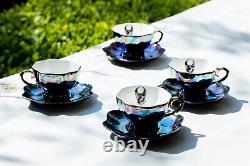 Black Gold Teapot Sugar Creamer 4 Skull Black Gold Luster Tea Cup and Saucer Set