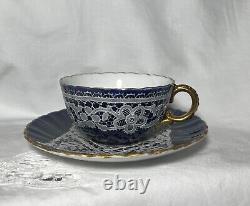 Blue and white with gold Venetian Tea Cup & Saucer, Enameled Lace, 19th C