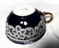 Blue and white with gold Venetian Tea Cup & Saucer, Enameled Lace, 19th C