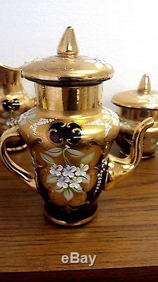 Bohemian Ornate Gold & Purple Glass Tea Set 4 Cups & Saucers Pot Sugar Creamer