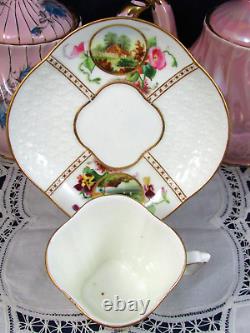 Brownfield Antique Painted Scenic Violets Embossed Tea Cup And Saucer