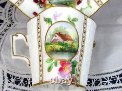 Brownfield Antique Painted Scenic Violets Embossed Tea Cup And Saucer
