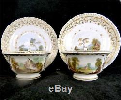 C1820 Pair Derby Porcelain Tea Cups & Saucers Scotland Spain Derbyshire