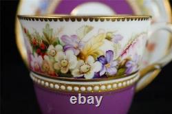 C1878 Antique Royal Worcester Jewelled Porcelain Purple Ground Cup & Saucer