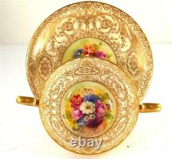 C1925 Royal Worcester Floral Twin Handled Cup & Saucer Painted Ernest Phillips