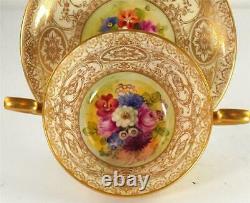 C1925 Royal Worcester Floral Twin Handled Cup & Saucer Painted Ernest Phillips