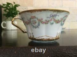 CUPS & SAUCERS Haviland Limoges China Schleiger 330 Double Gold Ribbon Bows