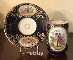 C. 1900 Royal Vienna Style Chocolate Teacup & Saucer Hand Painted Watteau Scenes