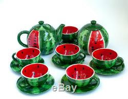 Ceramic Tea Set Six Persons Teapot Cups Saucers Sugar Bowl Handmade Watermelon