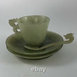 China Jade Demitasse Set Teacup Two Saucers Dragon Spoon Nephrite Celadon