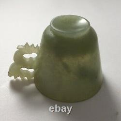 China Jade Demitasse Set Teacup Two Saucers Dragon Spoon Nephrite Celadon