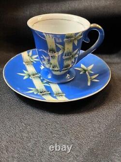 China tea cup saucer bamboo design hand painted Japan blue green gold accent