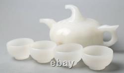 Chinese Natural White Jade Hand Carved Teakettle Teapot Teacup/4pcs Tea Tray set