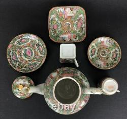 Chinese Rose Medallion Porcelain Teapot with Rare Square Teacup Set 19th C