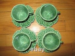 Cl/bordallo Pinheiro Majolica Cabbage Leaves/tea Cups + Saucers/service For 4