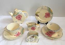 Clarice Cliff Bonjour Tea Set for Two Josefina Pattern Cups, Saucers, Teapot VGC